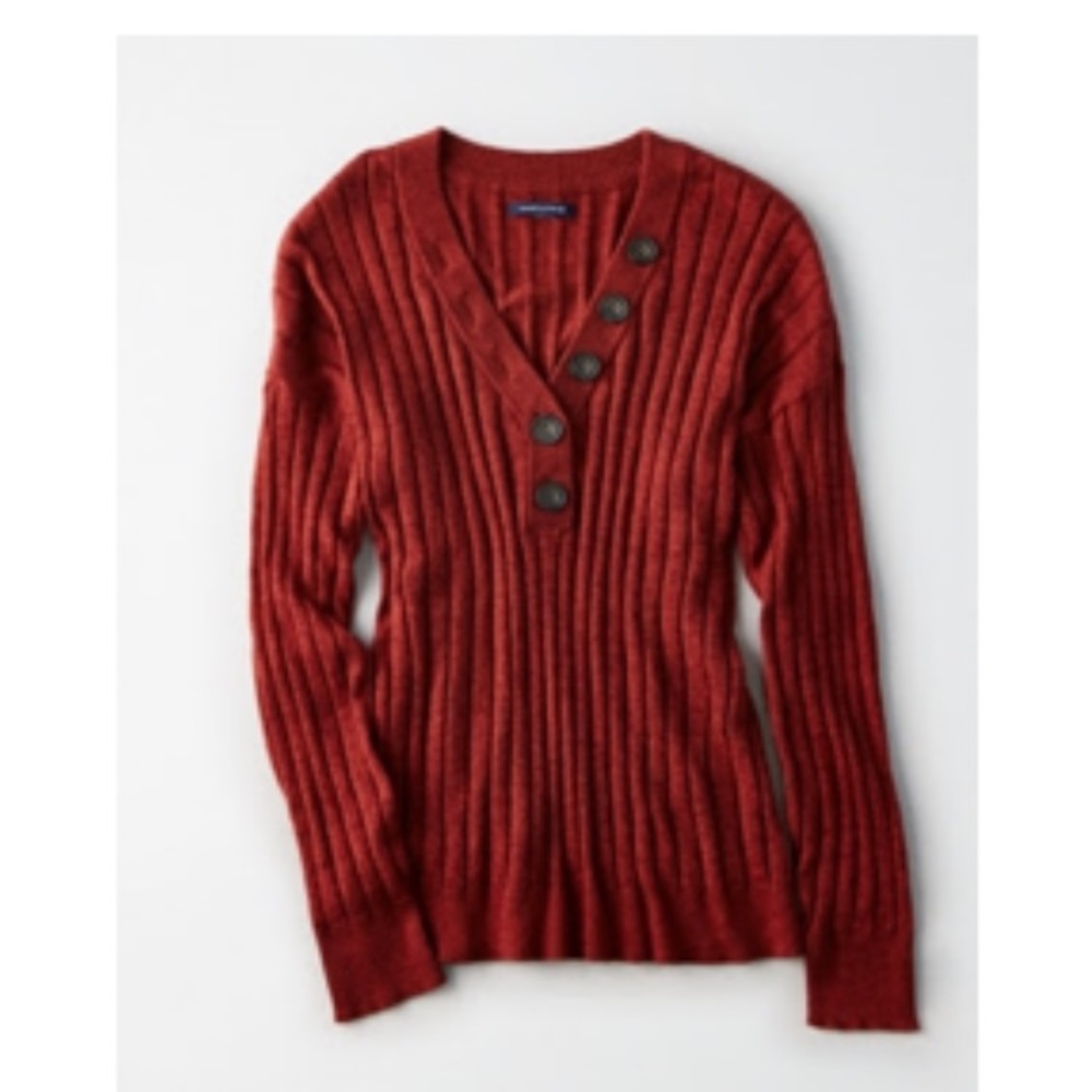American Eagle Ribbed Henley V-Neck Sweater